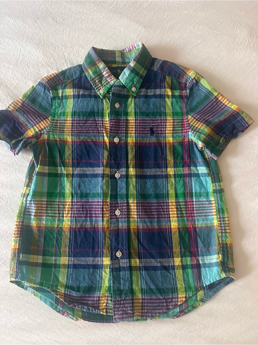 Ralph Lauren Boys Short-Sleeve Plaid Button-Down Shirt - Green Multi